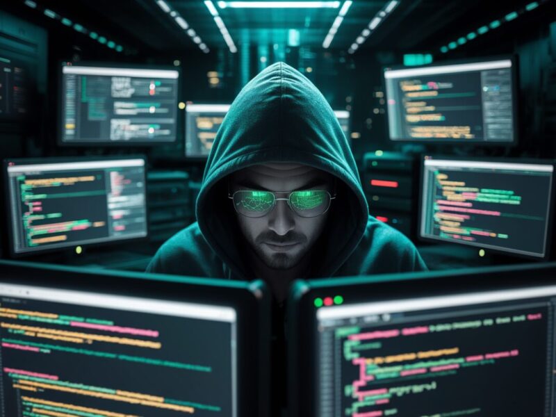 Hacker anonyme devant des écrans affichant des fuites de données