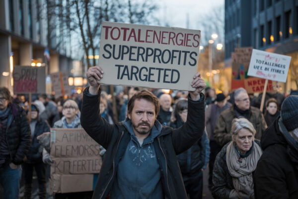 Siège social de TotalEnergies avec symboles financiers et graphiques de profits
