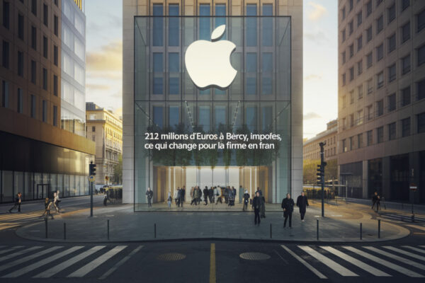 Chèque géant ou document fiscal d'Apple remis aux autorités françaises, symbole du paiement d'impôts majorés.