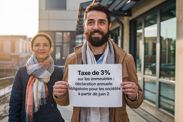 Un bâtiment commercial avec des documents administratifs et un calendrier marquant juin 2026 pour la taxe immobilière.