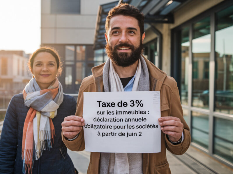 Un bâtiment commercial avec des documents administratifs et un calendrier marquant juin 2026 pour la taxe immobilière.