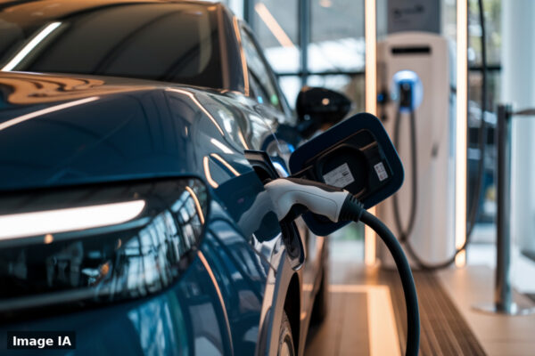 Une voiture électrique circulant sur une autoroute britannique avec panneau fiscal visible.