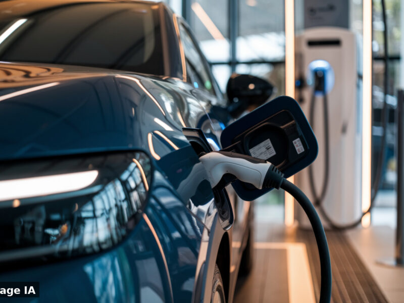 Une voiture électrique circulant sur une autoroute britannique avec panneau fiscal visible.