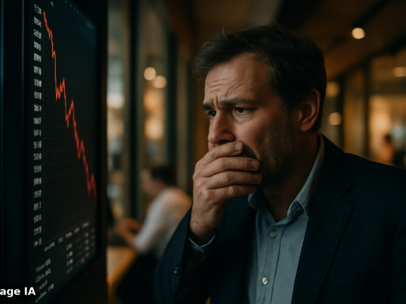 Écrans boursiers affichant des indices en baisse, traders réagissant aux chiffres emploi.