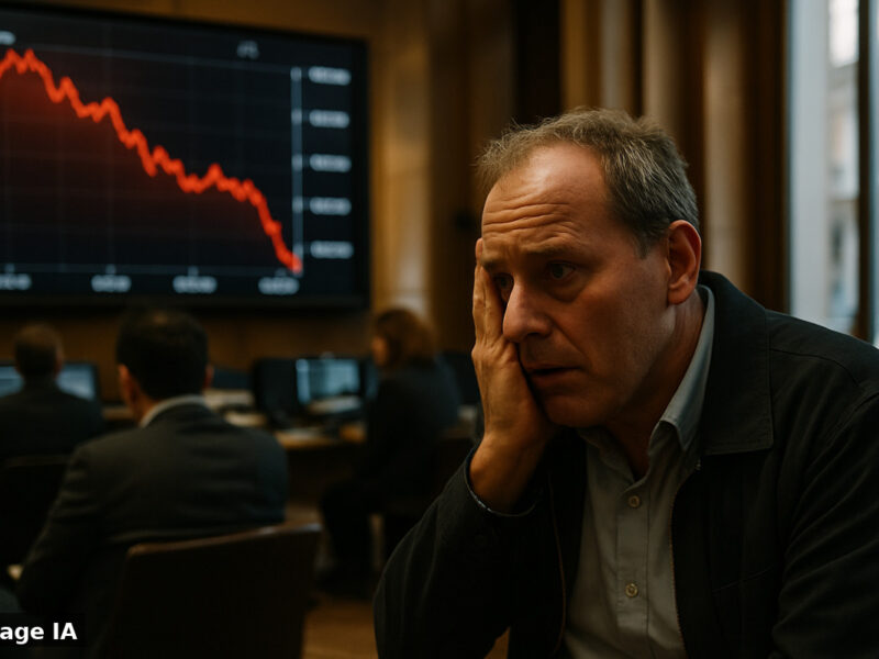 Écrans de trading affichant des indices boursiers en baisse et courbes obligataires en hausse.