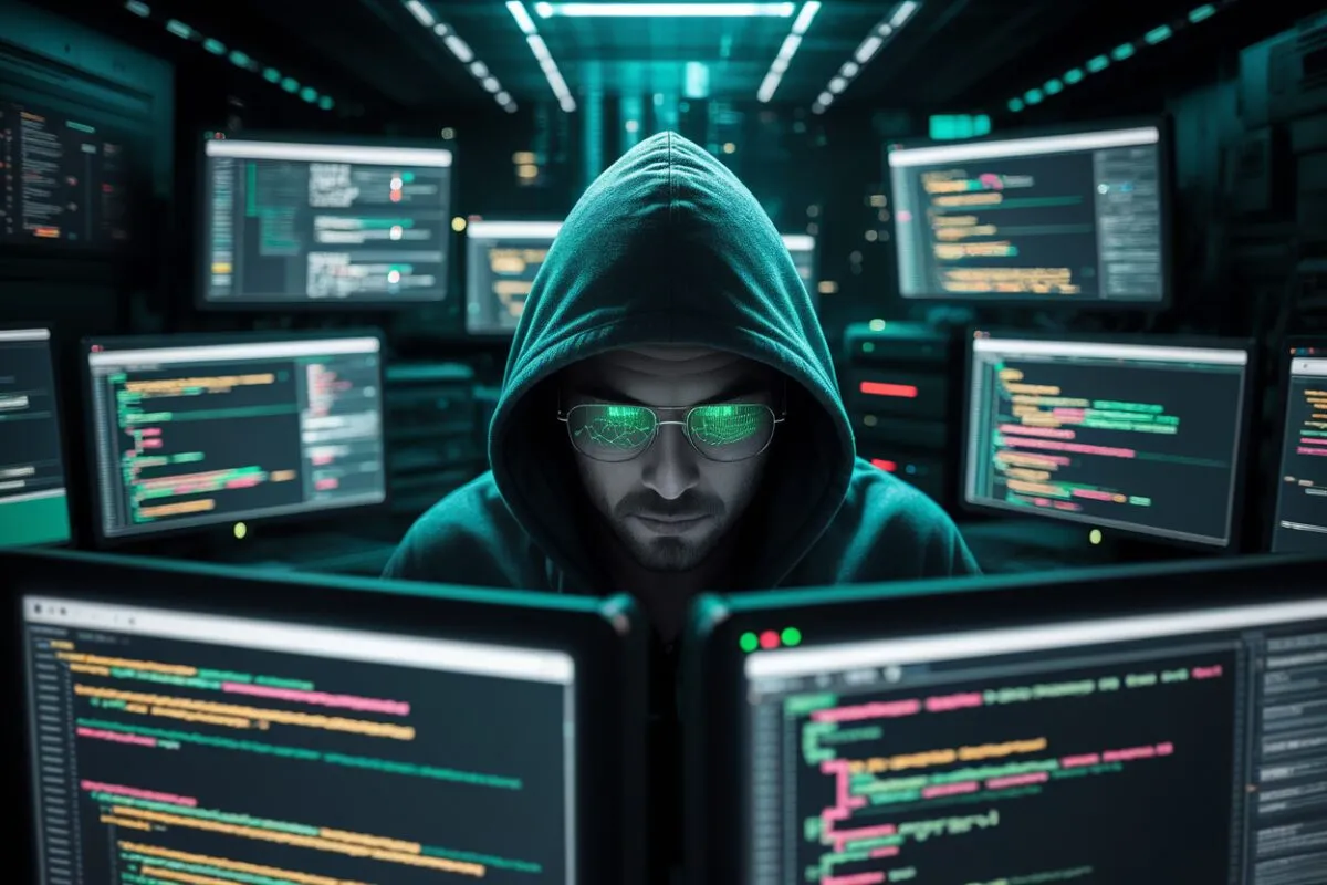 Hacker anonyme devant des écrans affichant des fuites de données