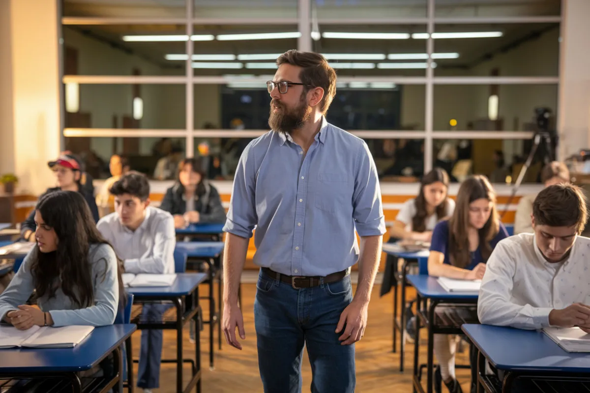 Salle de classe avec inspecteur vérifiant documents et équipements scolaires
