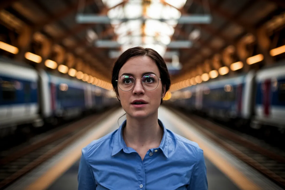 Rachel Picard en costume professionnel devant un train TGV Velvet moderne